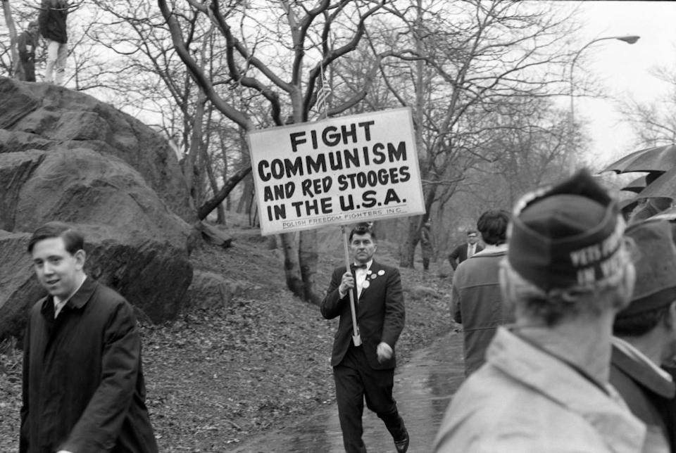 A counter-protester holds a sign during an anti-Vietnam War event in New York City in 1969.