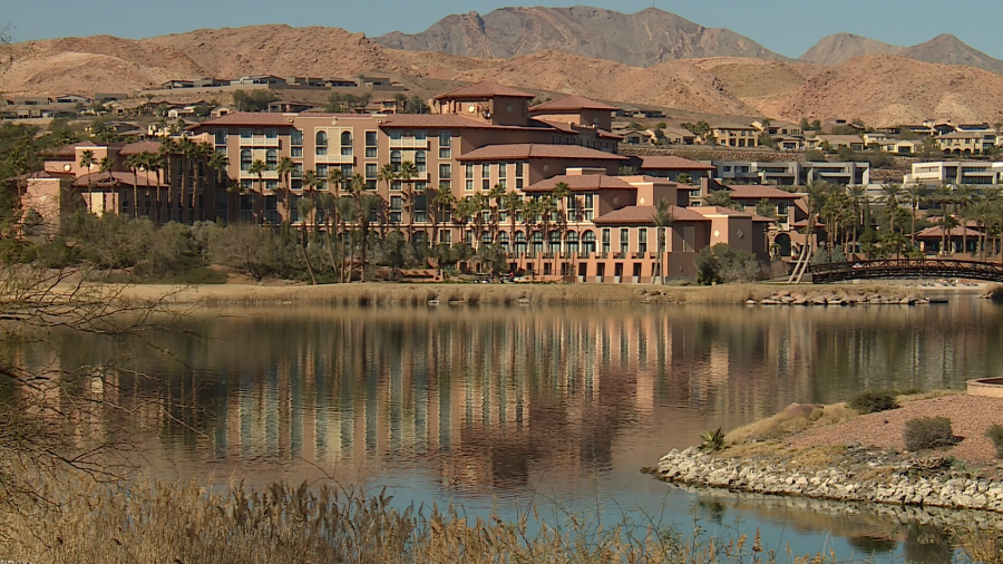 Outside the Westin Lake Las Vegas, the hotel accommodations for the Kansas City Chiefs throughout the week before and on Super Bowl Sunday. (KLAS)