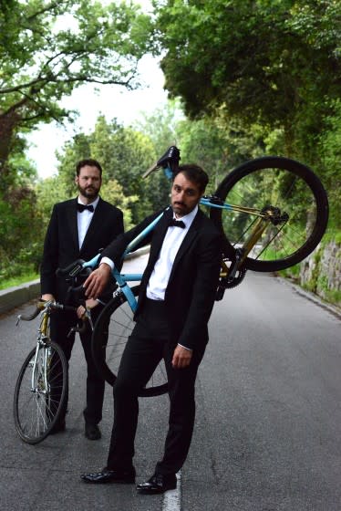 Director writer actor Michael Angelo Covino, right, and writer actor Kyle Marvin for the movie " The Climb " at Vence during Cannes International Film Festival 2019