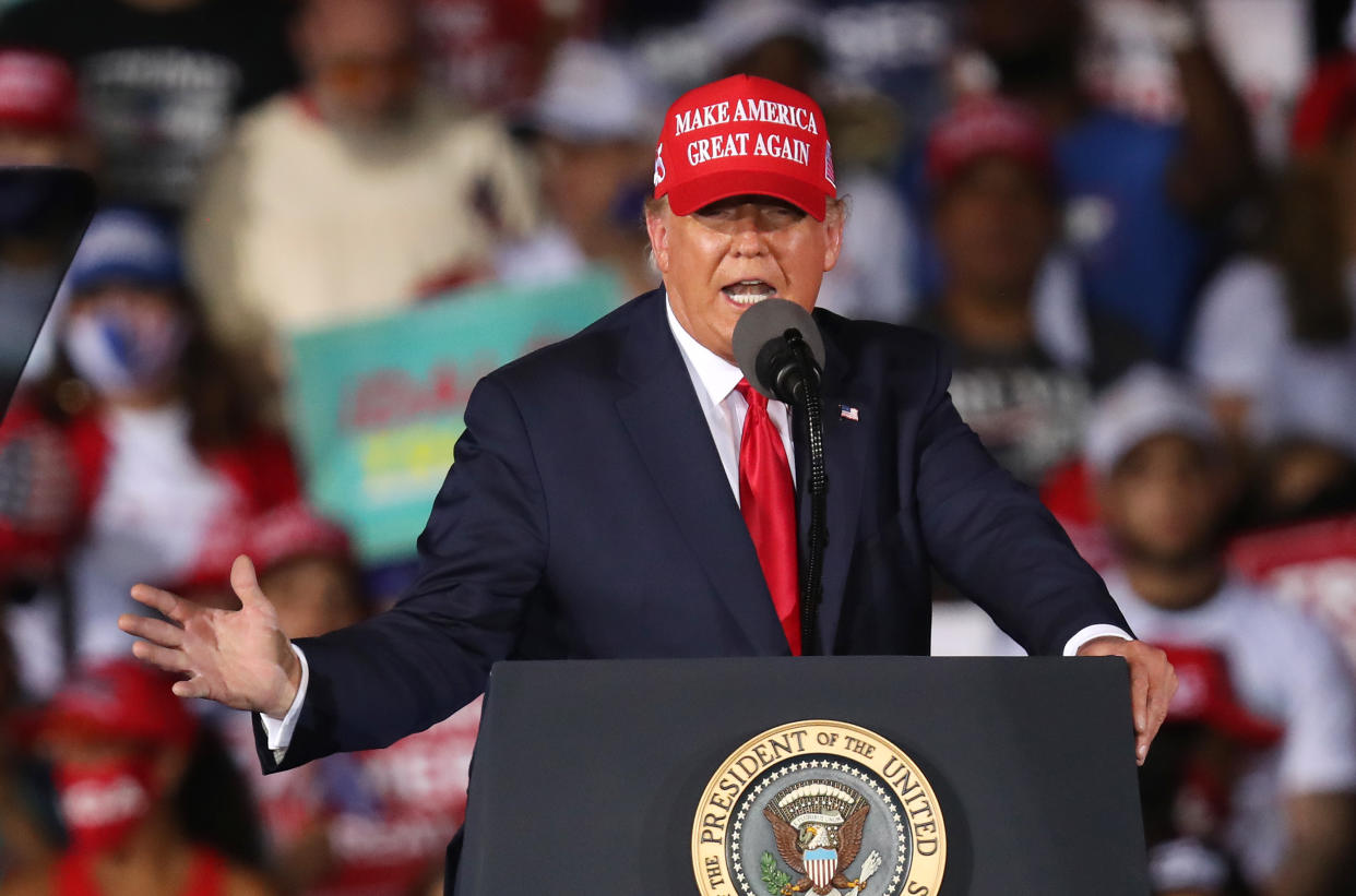 President Donald Trump speaks during his campaign event at Miami-Opa Locka Executive Airport on November 1, 2020 in Opa Locka, Florida. (Joe Raedle/Getty Images)