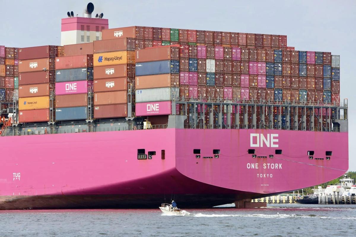 Pink container ship docks at JAXPORT