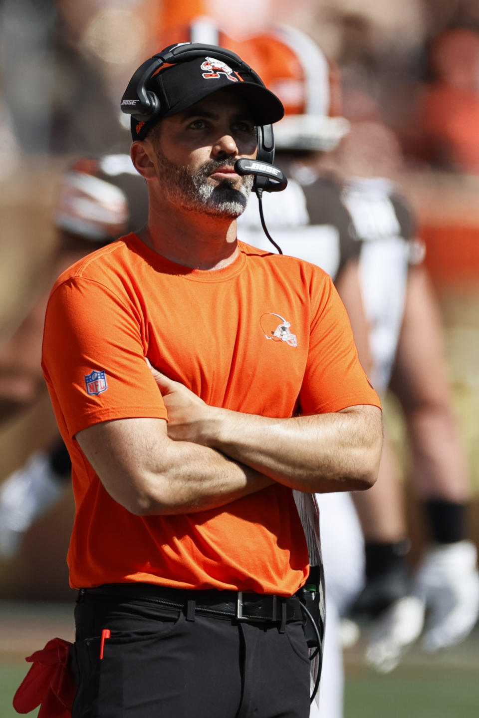 Cleveland Browns head coach Kevin Stefanski watches during the first half of an NFL football game against the Houston Texans, Sunday, Sept. 19, 2021, in Cleveland. (AP Photo/Ron Schwane)