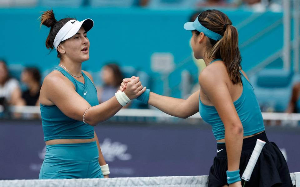 Bianca Andreescu shakes hands with Emma Raducanu after their match on day three of the Miami Open - Geoff Burke/USA TODAY