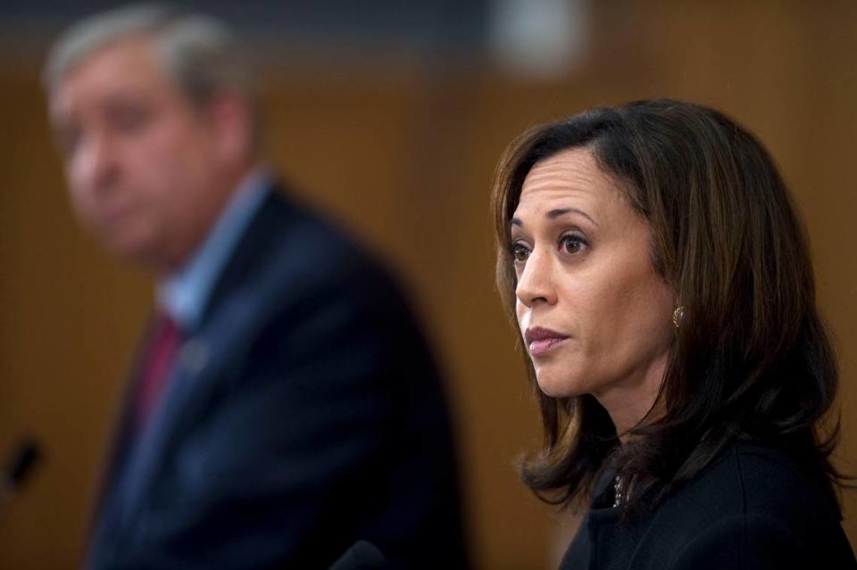 Democrat Kamala Harris, right, debates Republican Steve Cooley at the UC Davis Law School in Davis in 2010 during the state attorney general. Harris’ opposition to the death penalty was a key issue in the race.