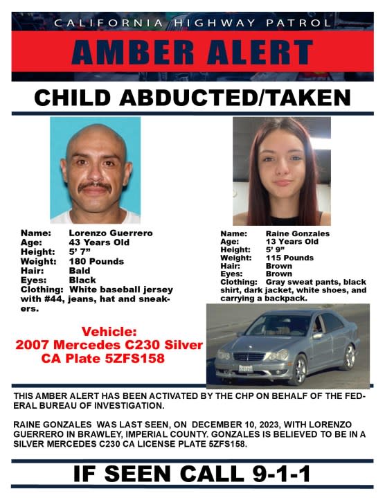 California Highway Patrol issued an Amber Alert issued Thursday afternoon for a 13-year-old girl who was last seen in Imperial County. (California Highway Patrol)