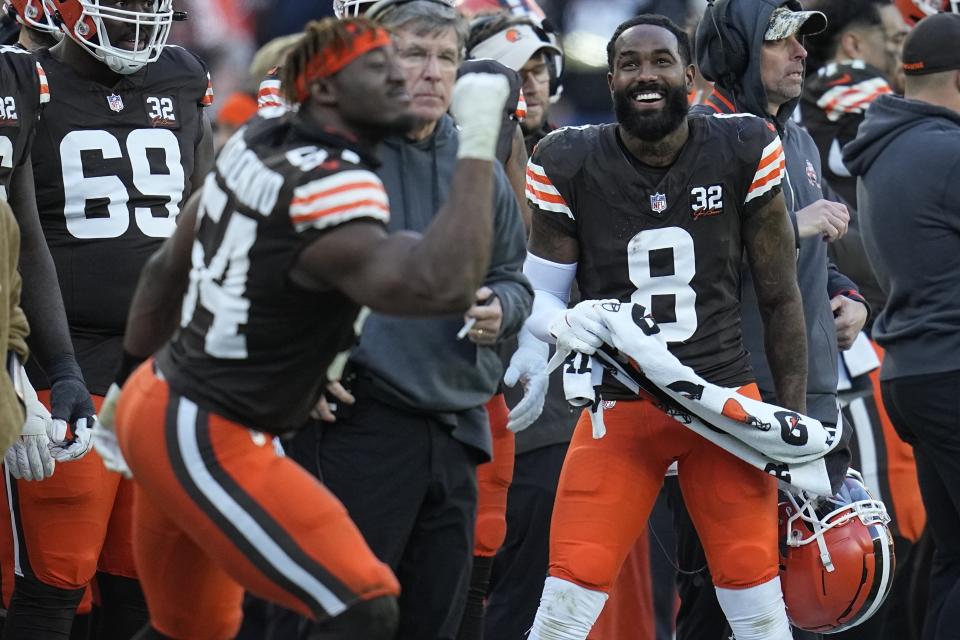 Cleveland Browns wide receiver Elijah Moore (8) celebrates during the second half of an NFL football game against the Pittsburgh Steelers, Sunday, Nov. 19, 2023, in Cleveland. The Cleveland Browns won 13-10. (AP Photo/Sue Ogrocki)