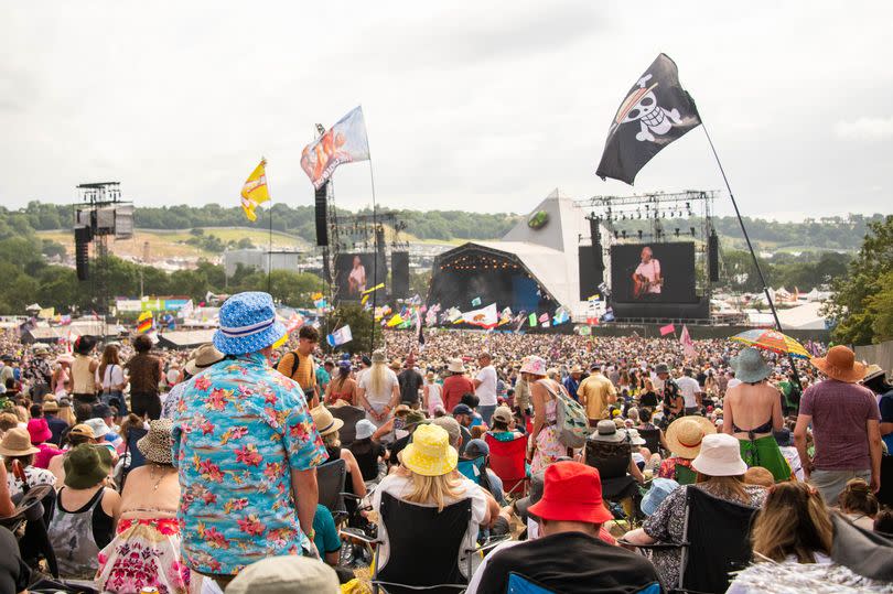 GLASTONBURY, ENGLAND - JUNE 25: General view of the Pyramid stage on Day 5 of Glastonbury Festival 2023 on June 25, 2023 in Glastonbury, England. (Photo by Joseph Okpako/WireImage)