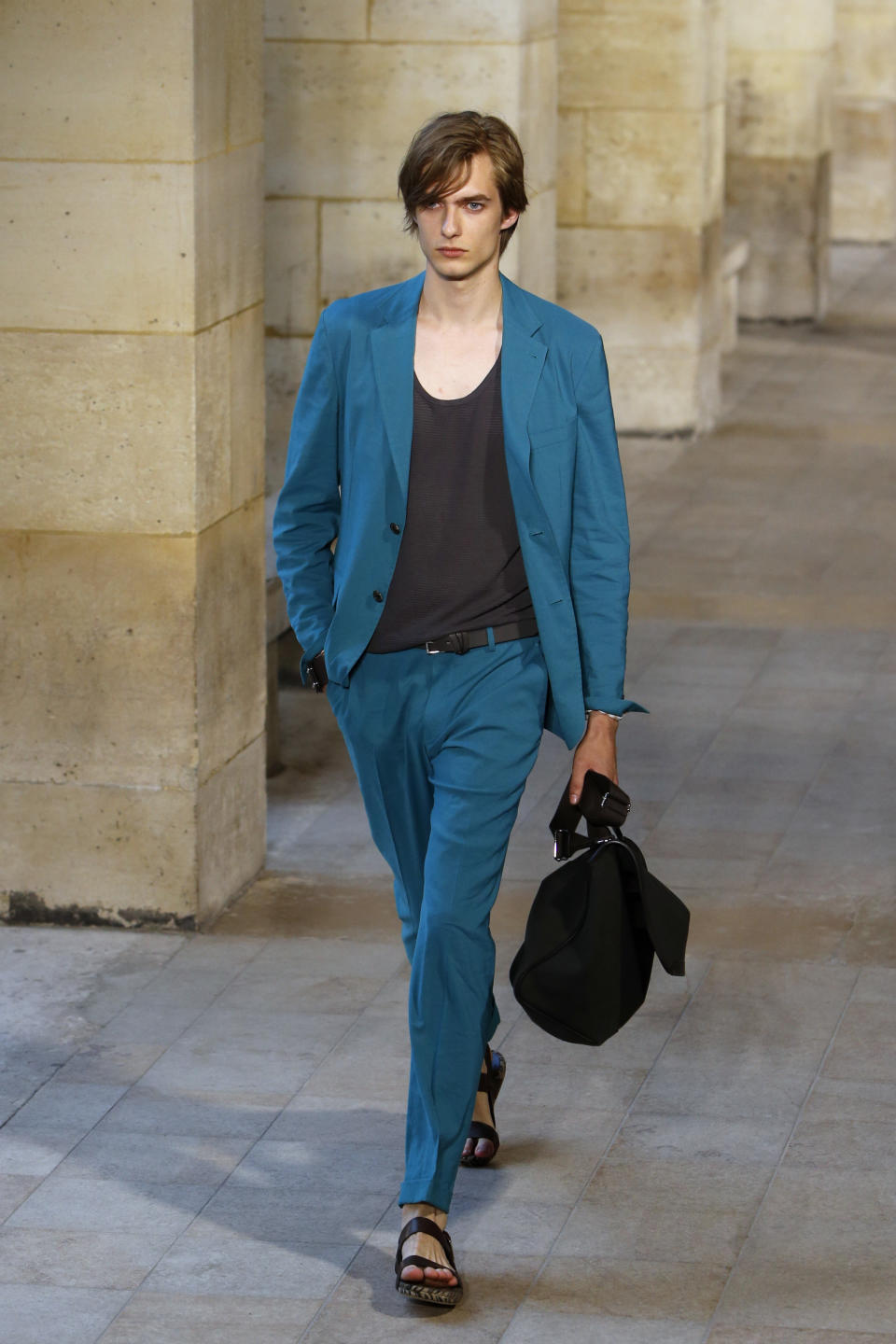 A model wears a creation by French fashion designer Veronique Nichanian as part of Hermes men's fashion Spring-Summer 2014 collection, presented Saturday, June 29, 2013 in Paris. (AP Photo/Francois Mori)