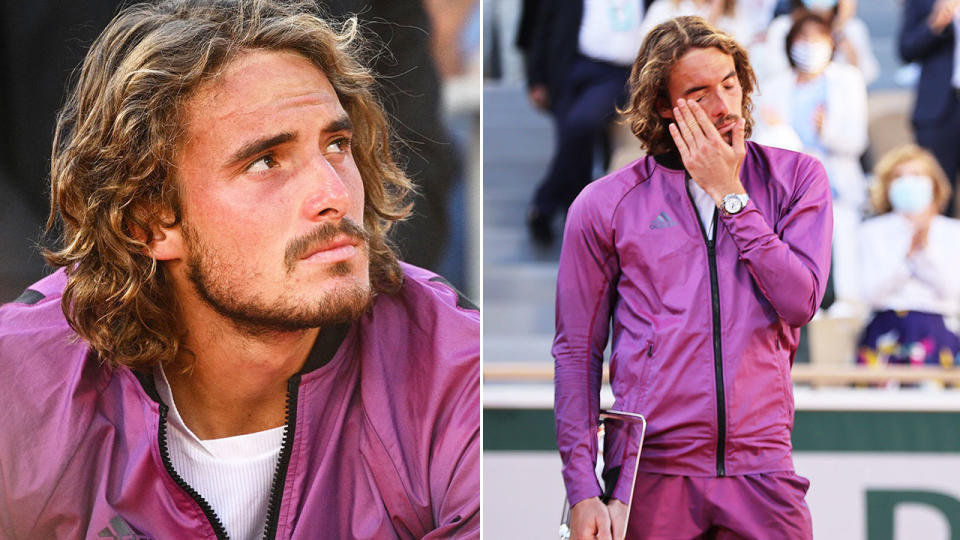 Stefanos Tsitsipas is seen here wiping away tears after losing in the French Open final.