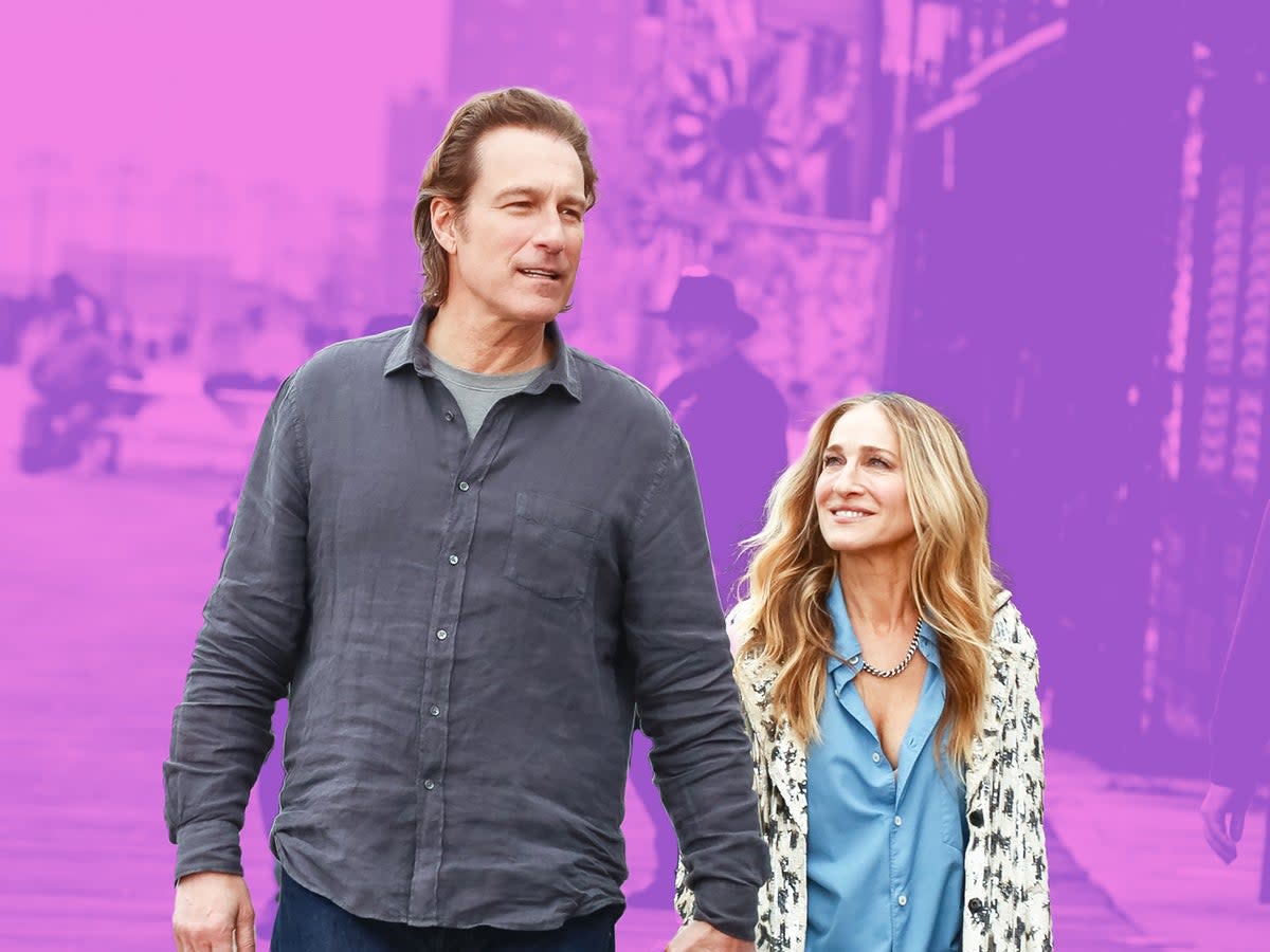 John Corbett and Sarah Jessica Parker, aka Aidan and Carrie, film scenes for the next season of ‘And Just Like That...’ this month (Steve Sands/NewYork Newswire/Bauer-Griffin/Shutterstock)