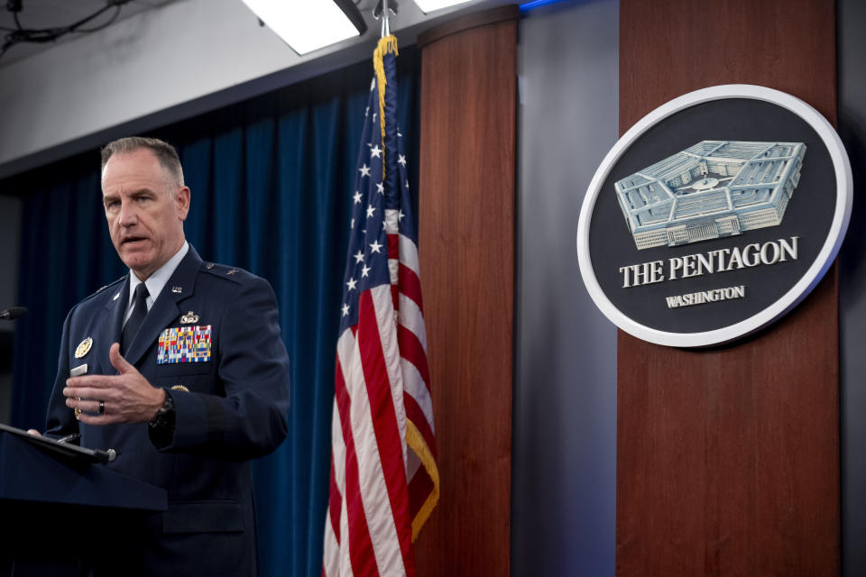 Pentagon spokesman Air Force Brig. Gen. Patrick Ryder speaks during a briefing at the Pentagon in Washington, Thursday, Oct. 19, 2023. (AP Photo/Andrew Harnik)