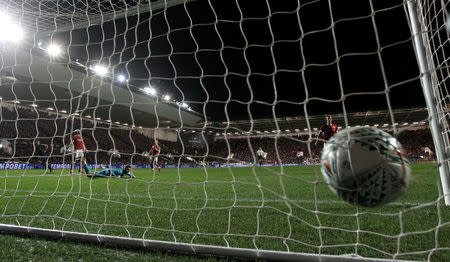 Soccer Football - Carabao Cup Semi Final Second Leg - Bristol City vs Manchester City - Ashton Gate Stadium, Bristol, Britain - January 23, 2018 Manchester City's Sergio Aguero scores their second goal REUTERS/Hannah Mckay