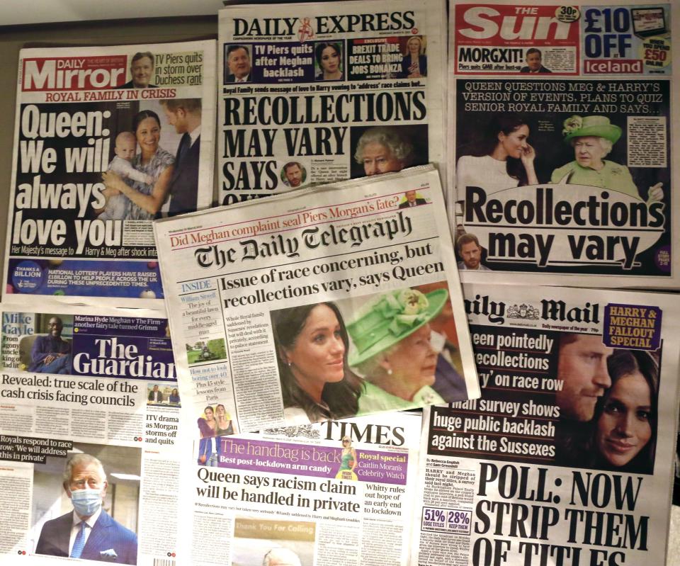 LONDON, UNITED KINGDOM - MARCH 10: An arrangement of UK daily newspapers shows front page headlines reporting Queen Elizabeth's respond over the interview given by the Duchess of Sussex, Meghan Markle and her husband Britain's Prince Harry, Duke of Sussex, to media mogul Oprah Winfrey about their experiences with Buckingham Palace, in London, United Kingdom on March 10, 2021. (Photo by Hasan Esen/Anadolu Agency via Getty Images)