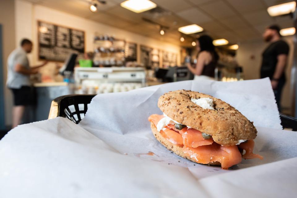 Newtown Bagel in Newtown Township offers a selection of bagels and sandwiches to-go, like this lox sandwich on a gluten-free everything bagel.