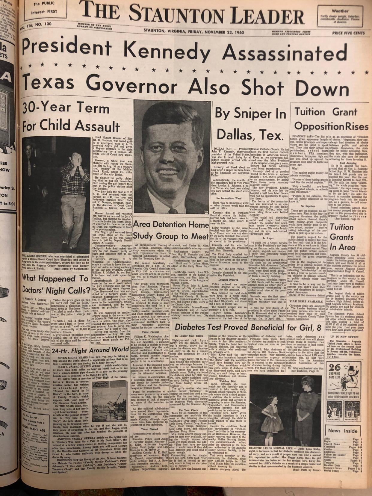 The first story reporting on President Kennedy's death to show up in The News Leader, Nov. 22, 1963 edition.