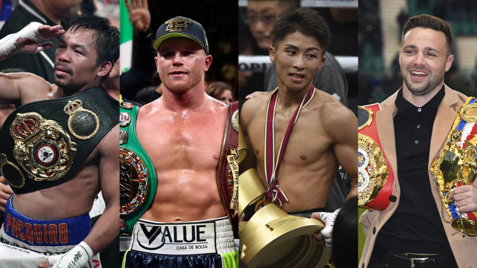 Manny Pacquiao, Canelo Alvarez, Naoya Inoue and Josh Taylor pack a crowded field of contenders for the Boxer of the Year. (Getty Images)