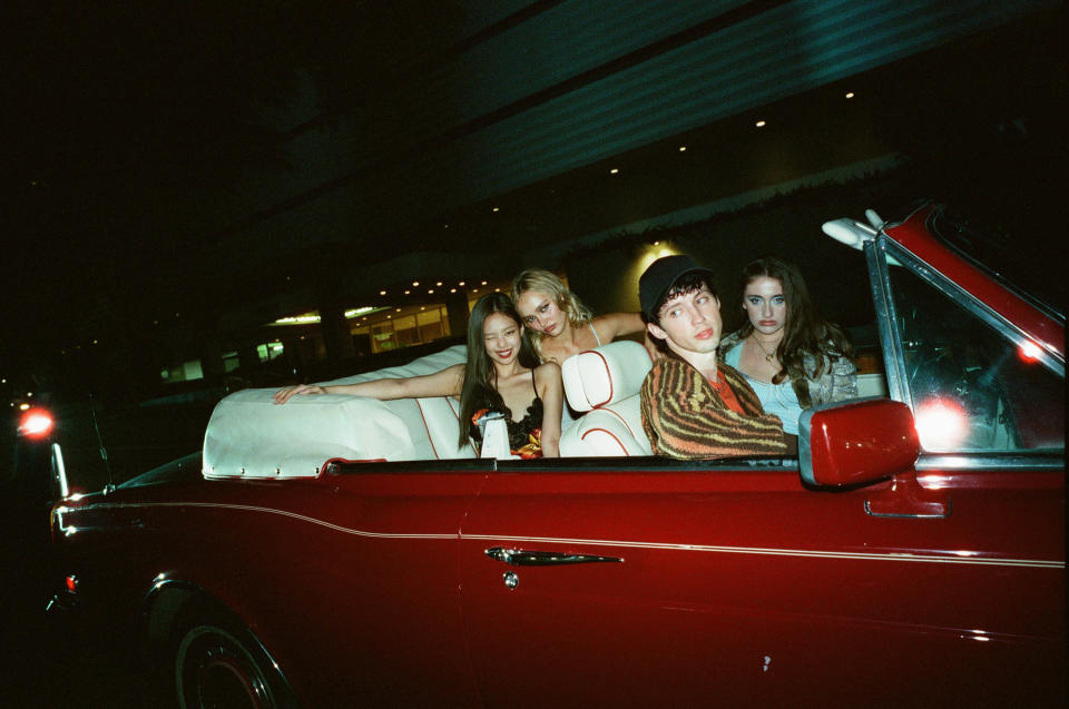 "The Idol" cast, including Lily-Rose Depp, Jennie, Troye Sivan in a convertible