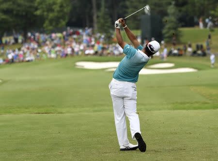 Aug 11, 2017; Charlotte, NC, USA; Hideki Matsuyama tees off on the 14th hole during the second round of the 2017 PGA Championship at Quail Hollow Club. Mandatory Credit: Michael Madrid-USA TODAY Sports