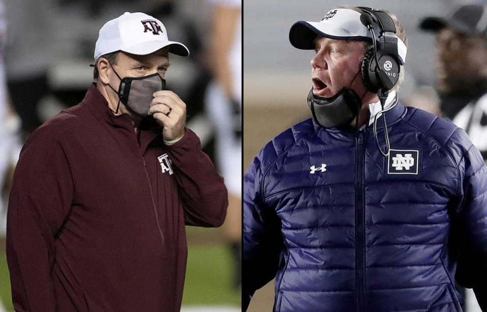 Texas A&M's Jimbo Fisher (L) and Notre Dame's Brian Kelly both think they have an argument to make the College Football Playoff. (Associated Press)