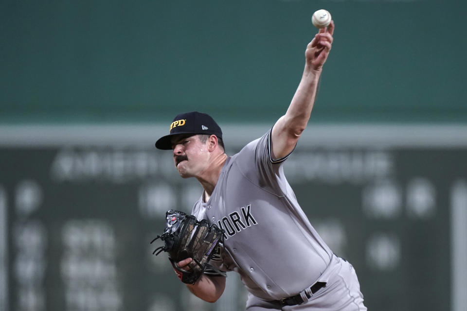 New York Yankees' Carlos Rodon delivers a pitch to a Boston Red Sox batter during the first inning of the second game of a baseball doubleheader Tuesday, Sept. 12, 2023, in Boston. (AP Photo/Steven Senne)