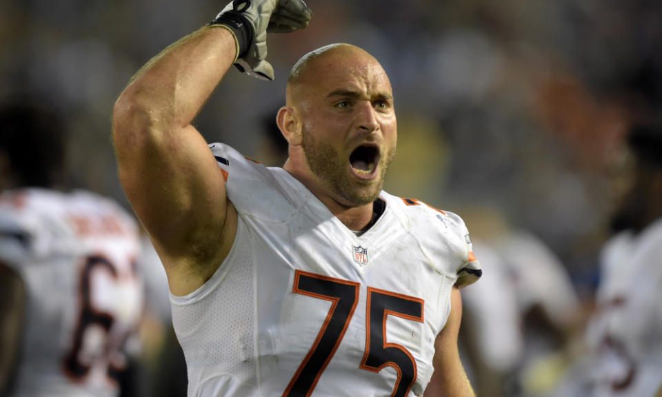 Nov 9, 2015; San Diego, CA, USA; Chicago Bears tackle Kyle Long (75) reacts during a 22-19 victory against the San Diego Chargers in a NFL football game at Qualcomm Stadium. Mandatory Credit: Kirby Lee-USA TODAY Sports