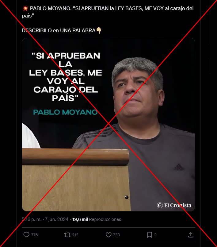 <span>Captura de pantalla de una publicación en X hecha el 7 de junio de 2024 </span>