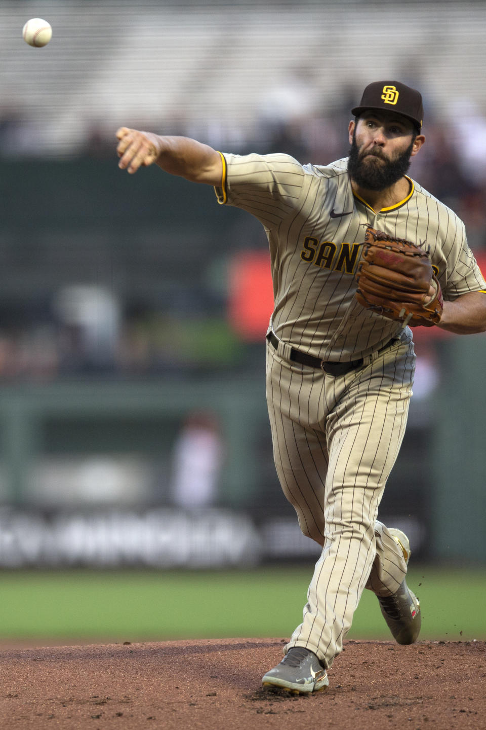 San Diego Padres starting pitcher Jake Arrieta throws to a San Francisco Giants batter during the first inning of a baseball game Tuesday, Sept. 14, 2021, in San Francisco. (AP Photo/D. Ross Cameron)