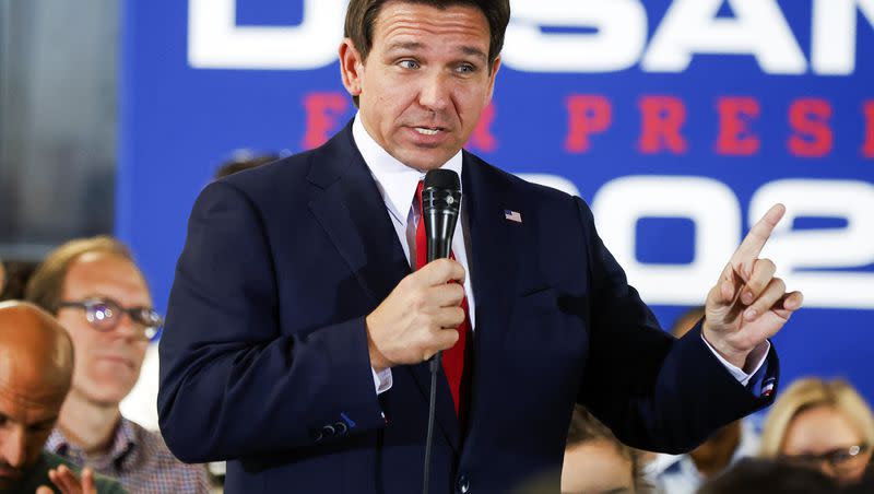 Republican presidential candidate and Florida Gov. Ron DeSantis speaks during a town hall at Refuge City Church, in Cedar Rapids, Iowa, on Sunday, Oct. 8, 2023.