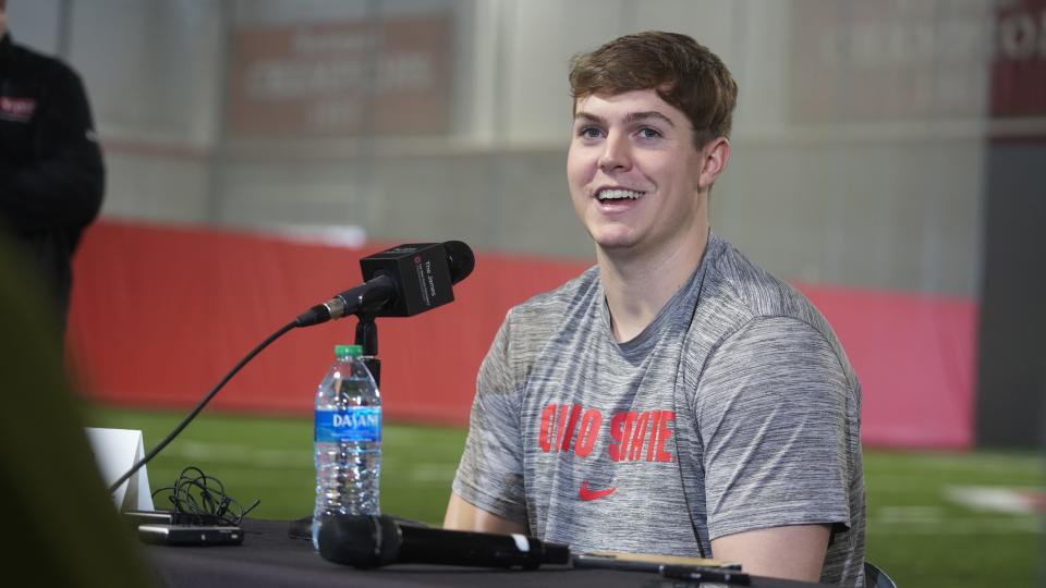Jan 30, 2024; Columbus, Ohio, USA; Ohio State University football quarterback transfer Will Howard talks with the Columbus media during his first sit-down interview since transferring.