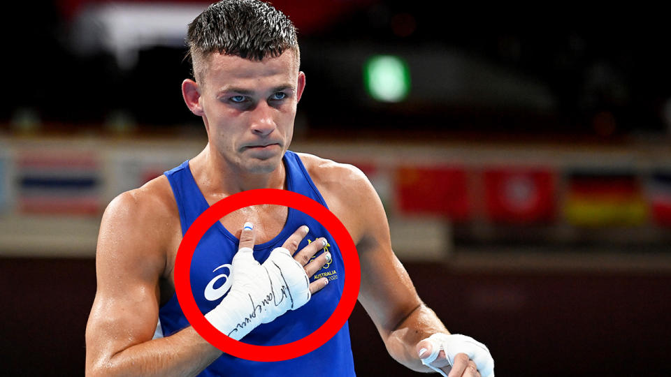 Australian boxer Harry Garside wore coloured nail polish during his Olympic quarter final win in Tokyo in an effort to 'break stereotypes'. (Photo by Luis Robayo - Pool/Getty Images)