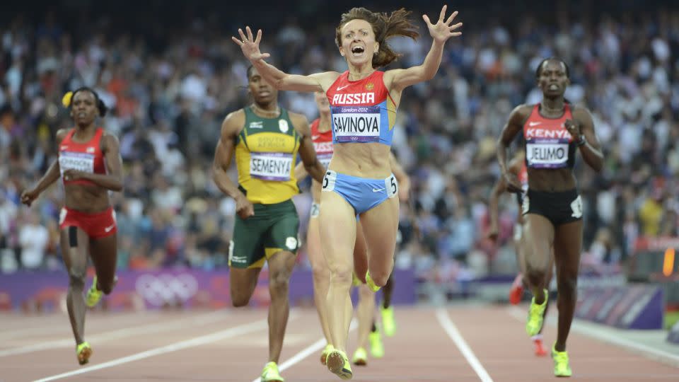 Savinova celebrates her winning gold at the London Olympics, a title of which she was later stripped. - Olivier Morin/AFP/Getty Images