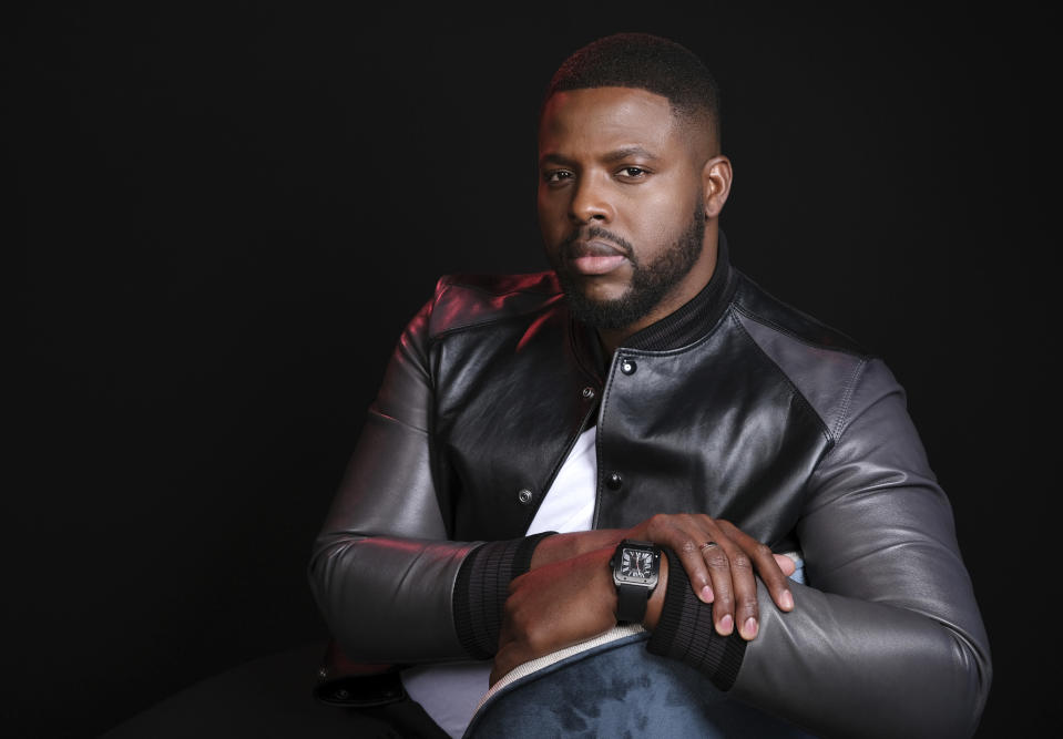 This March 12, 2019 photo shows Winston Duke, a cast member in the film "Us," posing at the The London West Hollywood in West Hollywood, Calif. (Photo by Chris Pizzello/Invision/AP)