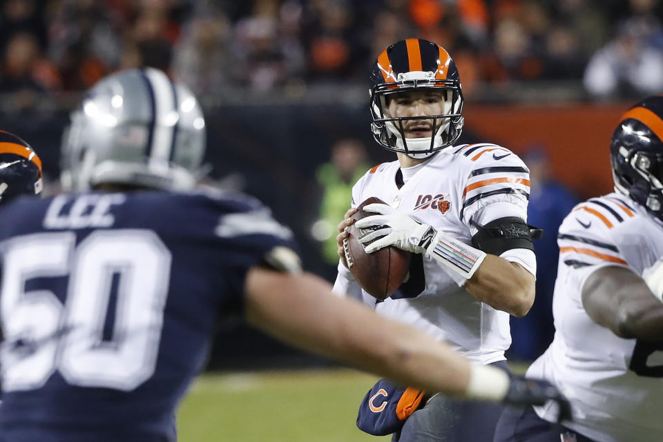 Chicago Bears quarterback Mitchell Trubisky (10) looks to throw during the first half of an NFL football game against the Dallas Cowboys, Thursday, Dec. 5, 2019, in Chicago. (AP Photo/Charles Rex Arbogast)