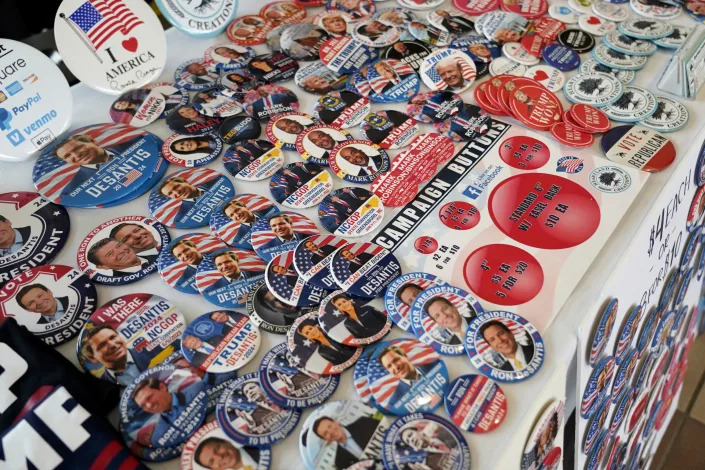 Campaign buttons for sale during the North Carolina Republican Party Convention in Greensboro on June 10, 2023.