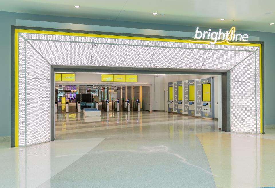 Brightline train station, Orlando International Airport, Florida, entrance.