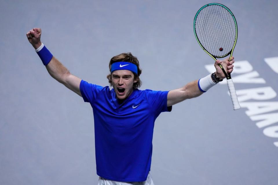 Andrey Rublev celebrates his victory against Croatia’s Borna Gojo (Manu Fernandez/AP) (AP)