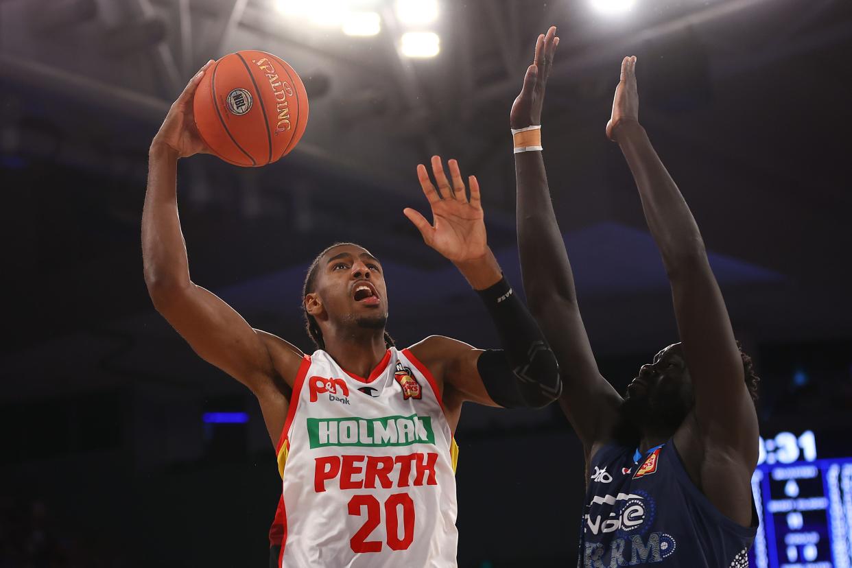 Perth Wildcats' Alexandre Sarr drives to the basket during an NBL match vs. Melbourne United, Nov. 6, 2023 in Melbourne, Australia.