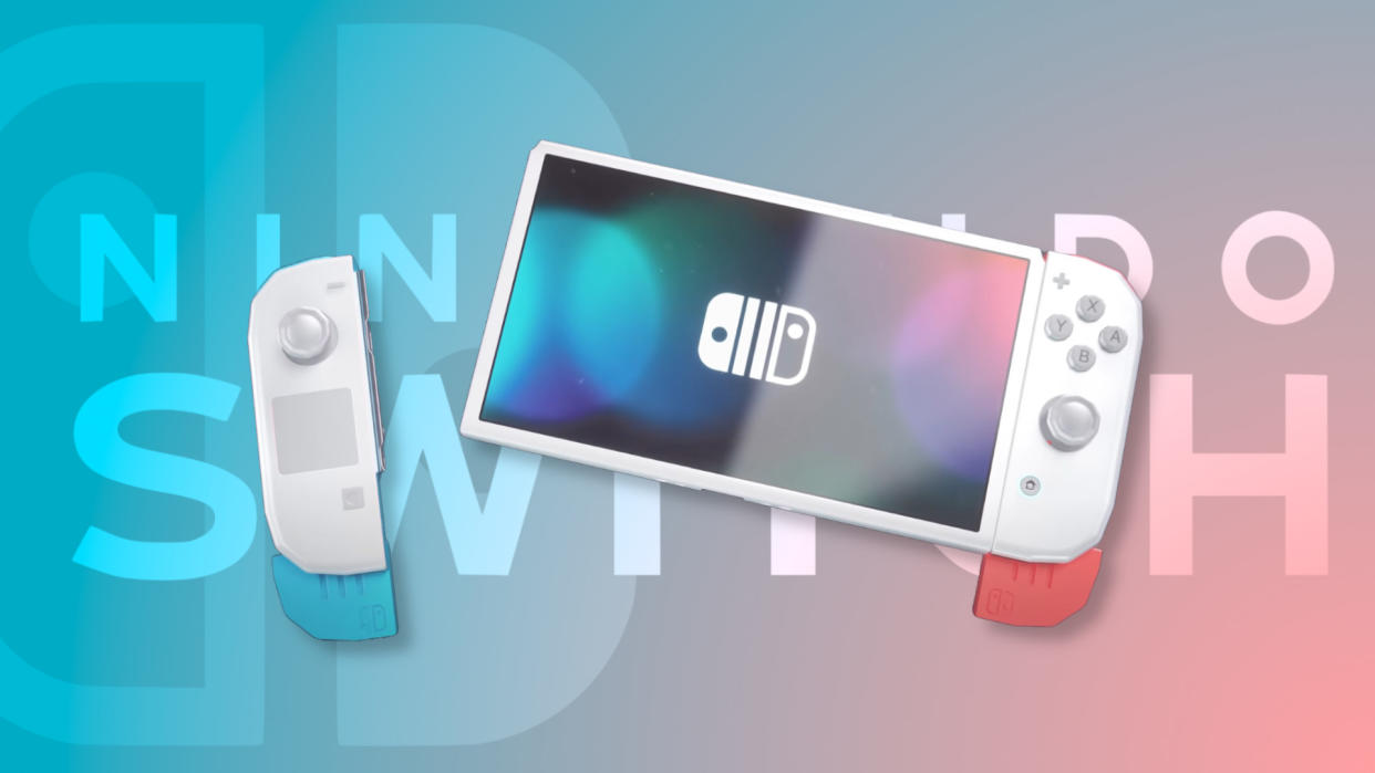  Nintendo Switch 2 concept by CURVED/labs on blue and salmon gradient background. 