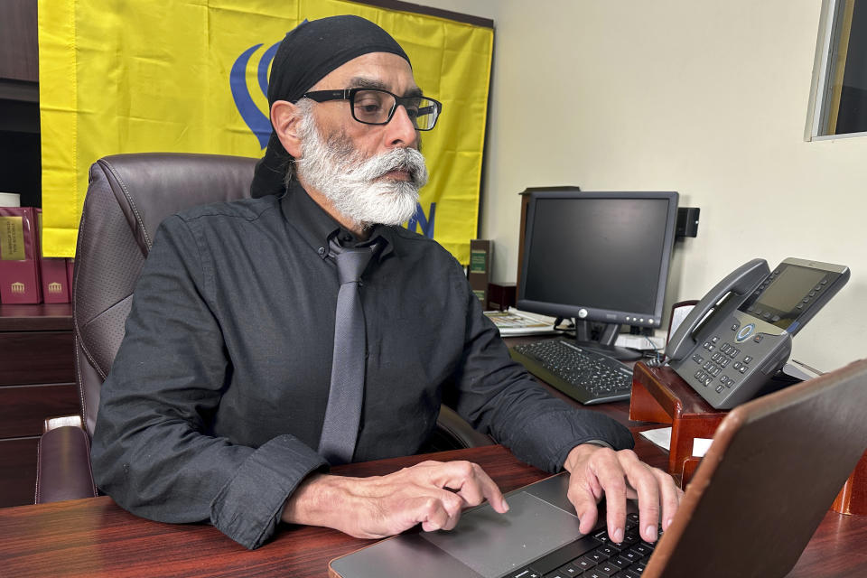 Sikh separatist leader Gurpatwant Singh Pannun is pictured in his office on Wednesday, Nov. 29, 2023, in New York. U.S. authorities said an Indian government official directed a plot to assassinate Pannun in New York City after he advocated for a sovereign state for Sikhs. (AP Photo/Ted Shaffrey)