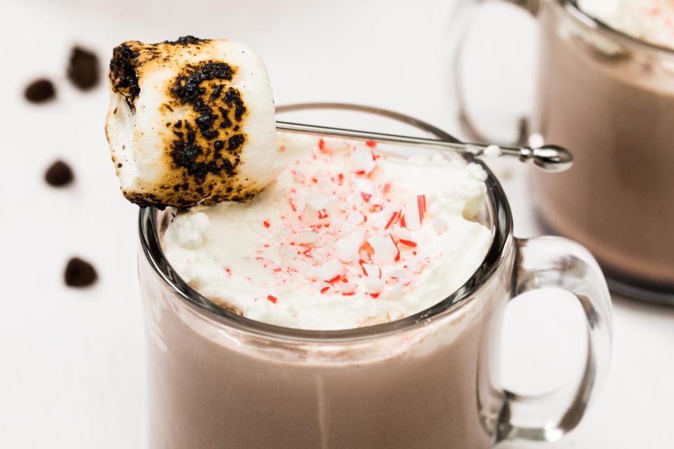 Boozy, toasted hot chocolate, topped with peppermint and marshmallow
