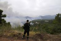 Wildfire burns a forest as firefighter stands on a mountain in Ippokratios Politia village, about 35 kilometres (21 miles) north of Athens, Greece, Friday, Aug. 6, 2021. Thousands of residents of the Greek capital have fled to safety from a wildfire that burned for a fourth day north of Athens as crews battle to stop the flames reaching populated areas, electricity installations and historic sites. (AP Photo/Thanassis Stavrakis)