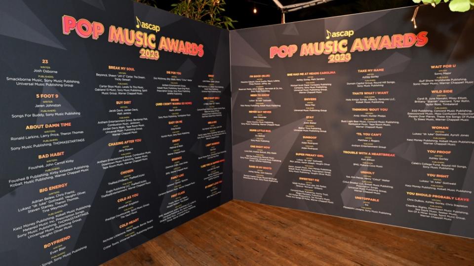 LOS ANGELES, CALIFORNIA - MAY 18: A view of the winners wall during the ASCAP 2023 Pop Music Awards Celebration at Yamashiro Hollywood on May 18, 2023 in Los Angeles, California. (Photo by Lester Cohen/Getty Images for ASCAP)