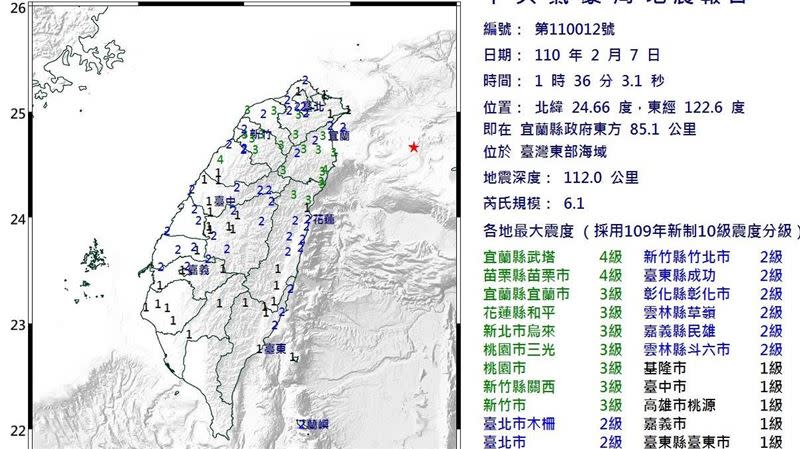 今日凌晨發生規模6.1地震（圖/中央氣象局）