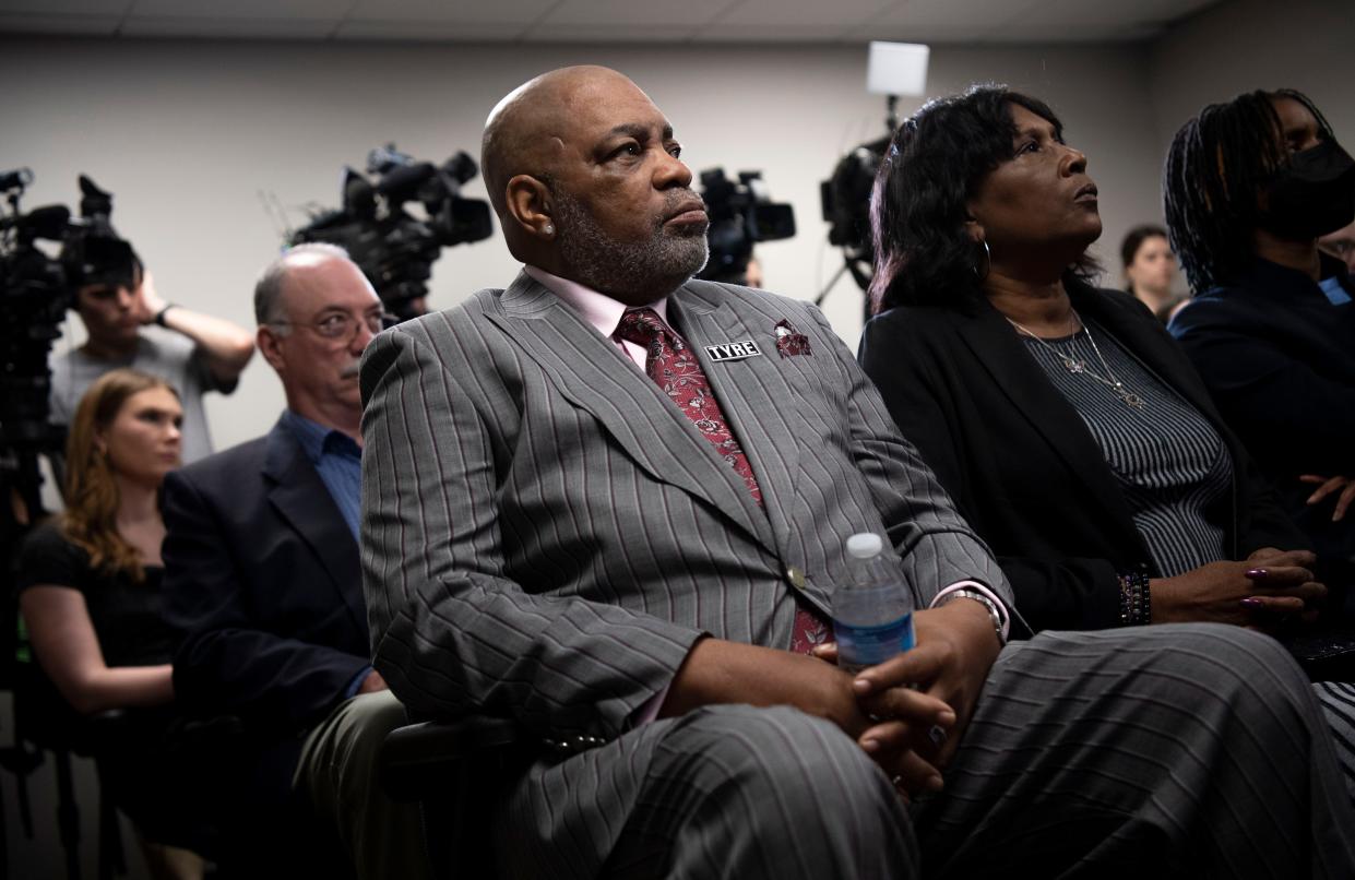 Parents of Tyre Nichols, Rodney Wells and RowVaughn Wells listen during a press conference condemning HB 1931, at Cordell Hull State Office Building in Nashville, Tenn., Monday, March 4, 2024. The bill by Rep. John Gillespie, R- Memphis, would keep local governments from enacting any laws that restrict local police officers from making minor traffic stops.