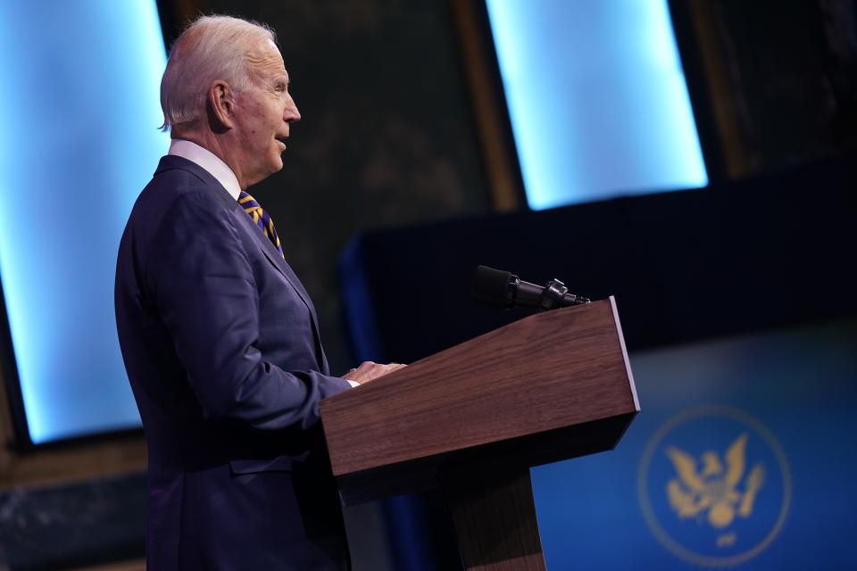 President-elect Joe Biden speaks at The Queen theater, Tuesday, Dec. 29, 2020, in Wilmington, Del. (AP Photo/Andrew Harnik)