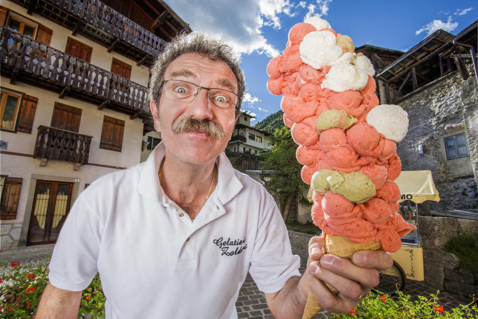 Panciera also holds the record for most ice cream scoops balanced on a cone: 121.