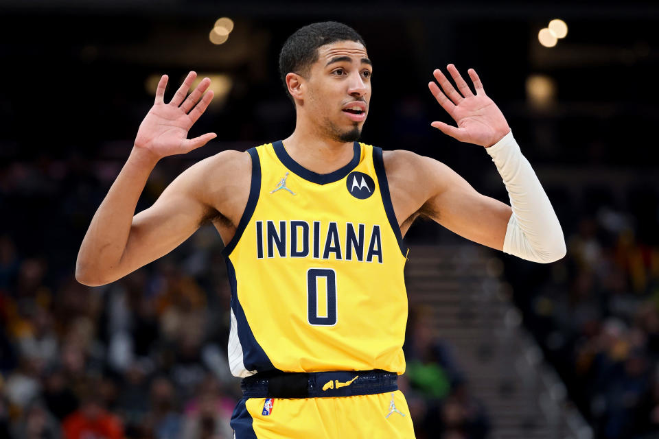 Tyrese Haliburton of the Indiana Pacers reacts in the first quarter of an NBA game against the Oklahoma City Thunder on Feb. 25, 2022. (Dylan Buell/Getty Images)