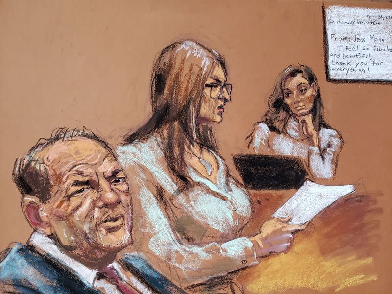 Film producer Harvey Weinstein watches as witness Jessica Mann is questioned by Donna Rotunno in front of Judge James Burke during Weinstein's sexual assault trial