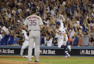 <p>Los Angeles Dodgers’ Joc Pederson watches his home run off Houston Astros starting pitcher Justin Verlander during the fifth inning of Game 2 of baseball’s World Series Wednesday, Oct. 25, 2017, in Los Angeles. (AP Photo/Matt Slocum) </p>