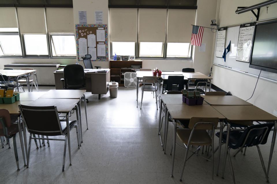 Shown is a class room at Penn Wood High School in Lansdowne, Pa., Wednesday, May 3, 2023. As schools across the country struggle to find teachers to hire, more governors are pushing for pay increases and bonuses for the beleaguered profession. (AP Photo/Matt Rourke)